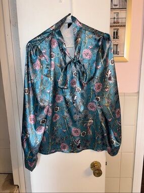 SHEIN Teal Floral Satin Tie-Neck Blouse